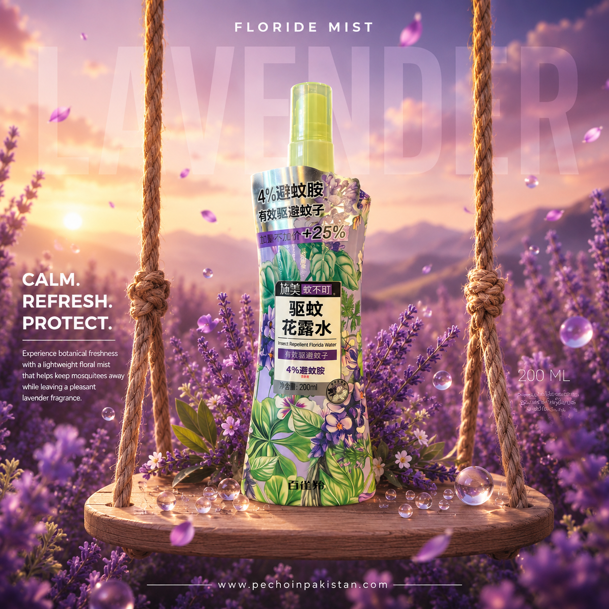 Pechoin Lavender Floride Mist™ Mosquito Repellent Spray – 12 Hour Protection | Floral Freshness | 200ml